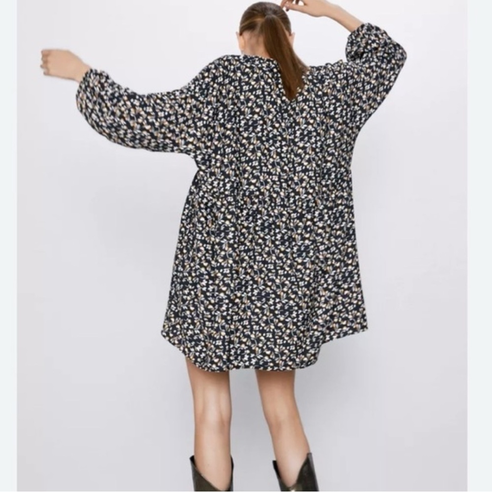 Zara Floral Babydoll Flowy Long Sleeve Mini Dress Black Women's Size Medium Boho - Picture 3 of 15